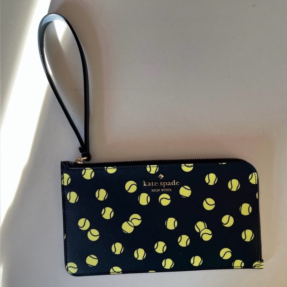 NWT Kate Spade Lucy Tennis Toss Medium L- O zip Wristlet Navy & Neon Yellow ball